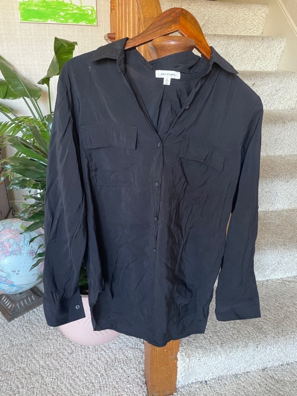 Max Studio Black Casual Tab Sleeve Button-Down Shirt